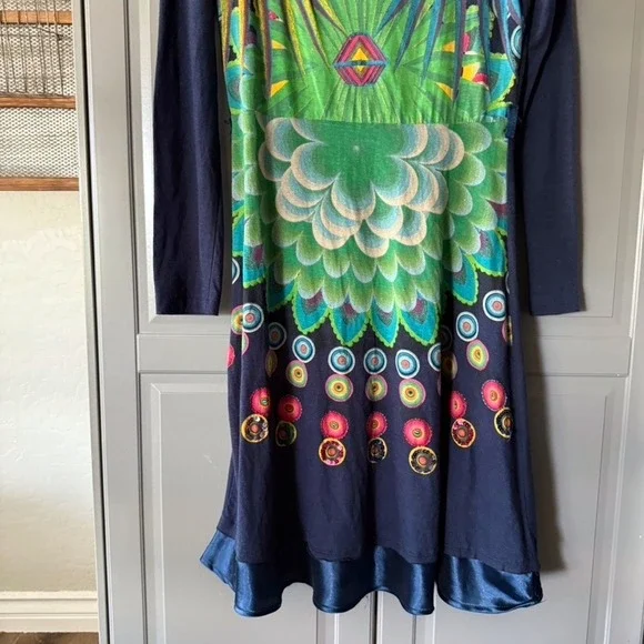 Desigual Women's Y2K Abstract Floral Print L/S A-Line Dress,‎ Navy Green, S - Picture 5 of 12